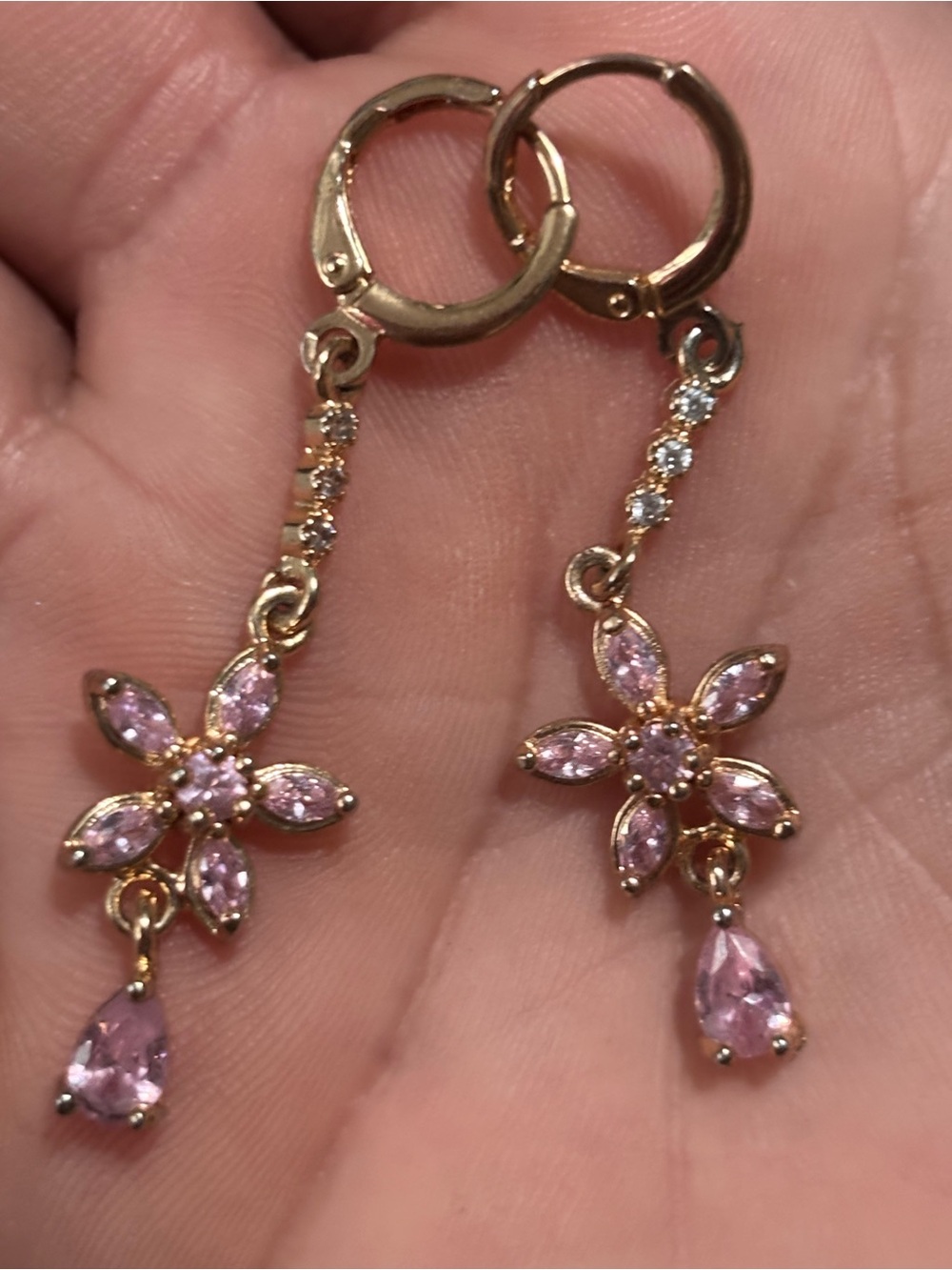 Gold Tone Pink Floral Drop Earrings
